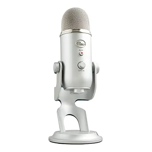 Logitech Blue Yeti USB microphone in silver with adjustable stand