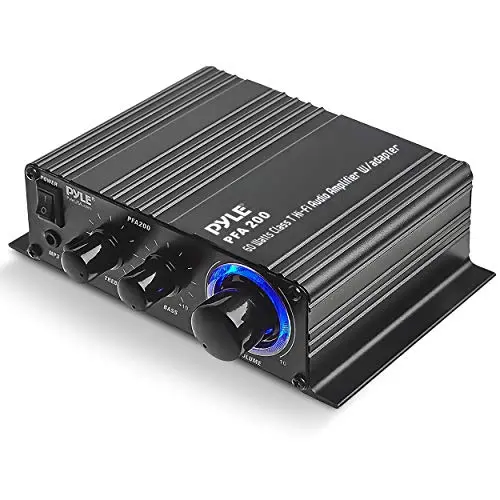 Pyle PFA200 mini audio amplifier with blue LED volume knob
