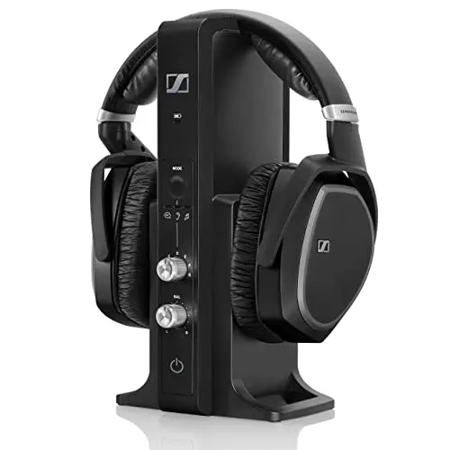 Sennheiser RS 195 RF wireless headphones on charging dock