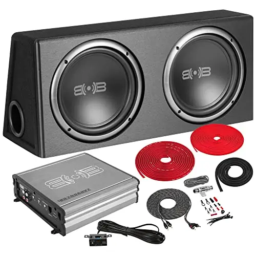 BELVA dual 10-inch car subwoofer with ported enclosure, monoblock amplifier, and wiring kit