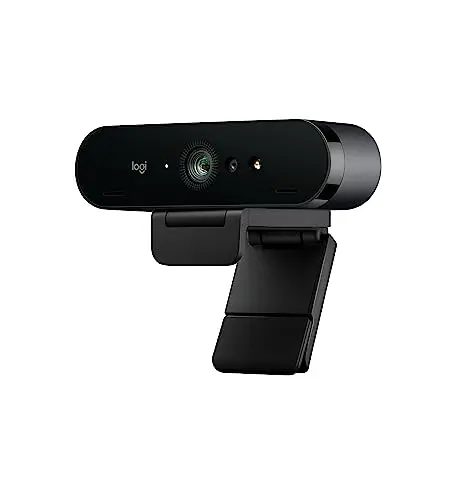 Logitech Brio 4K webcam showing sleek black design with adjustable mounting