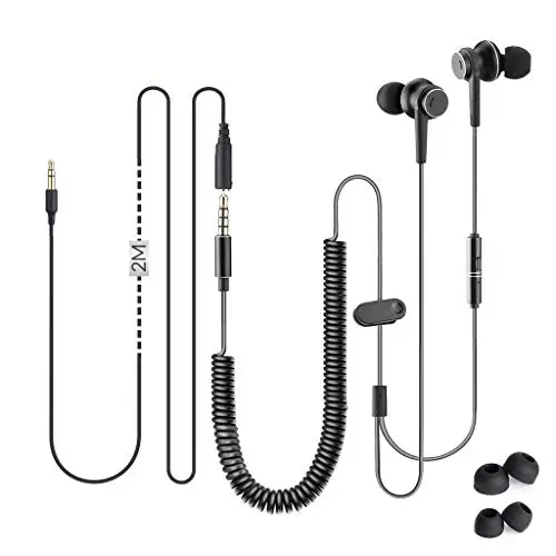 Avantree in-ear earbuds with long coiled cord and microphone