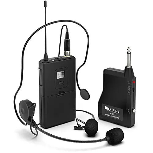 FIFINE wireless microphone system with headset and lavalier mics for preaching and teaching
