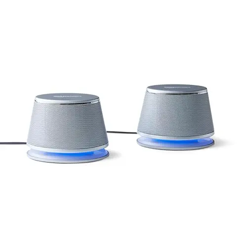 Amazon Basics stereo computer speakers in silver