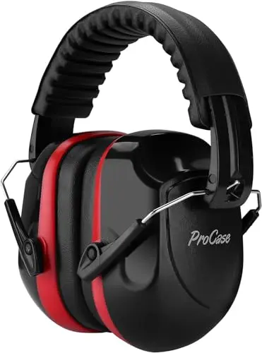 ProCase noise reduction ear muffs in red with compact folding design