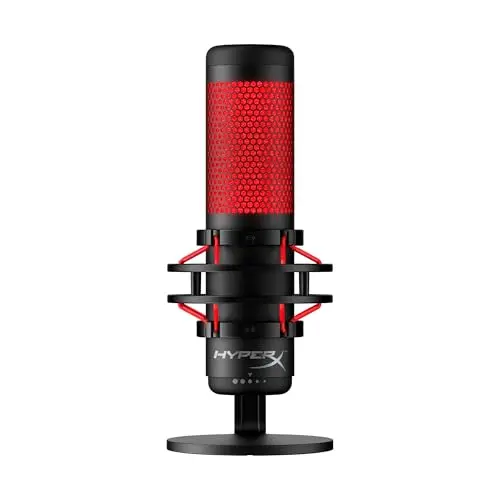 HyperX QuadCast USB condenser microphone with red LED lighting and shock mount