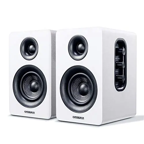 Sanyun SW208 bookshelf speakers with carbon fiber drivers and wood finish