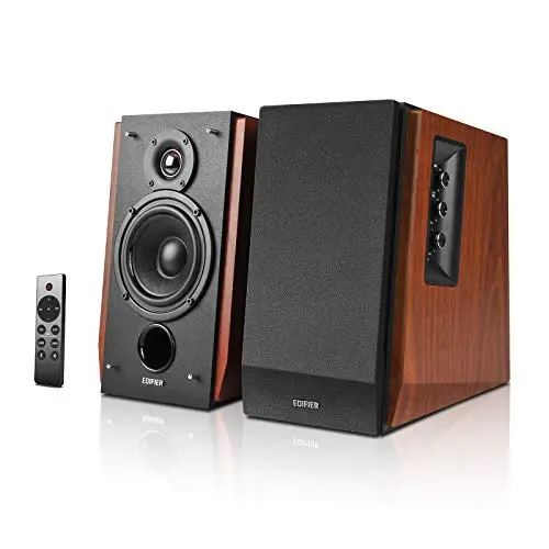 Edifier R1700BTs Bluetooth bookshelf speakers with wood grain finish