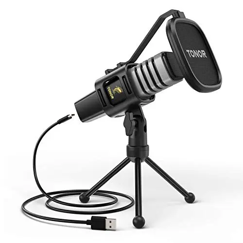 TONOR TC30 condenser microphone with pop filter and shock mount on tripod stand