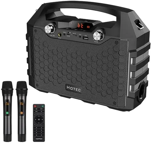 Hotec portable PA speaker with dual wireless microphones and compact design