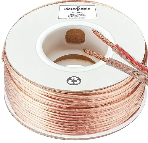 Kinter 16-gauge speaker wire spool with clear PVC jacket and polarity stripe