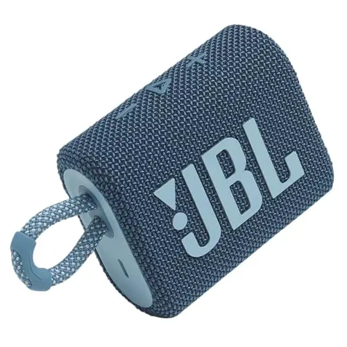 JBL Go 3 mini Bluetooth speaker in blue with colorful fabric