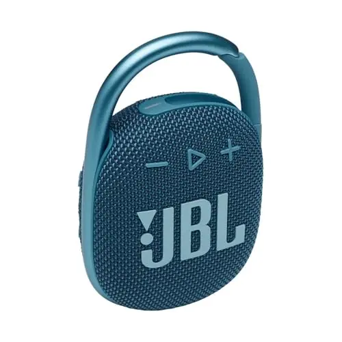 JBL Clip 4 Bluetooth speaker attached to a shower caddy with carabiner