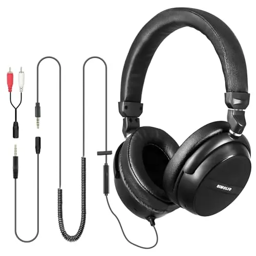 SIMOLIO over-ear headphones with long cord and RCA adapter