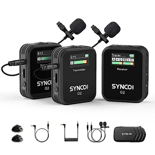 SYNCO G2 wireless lavalier microphone system with transmitters and receiver