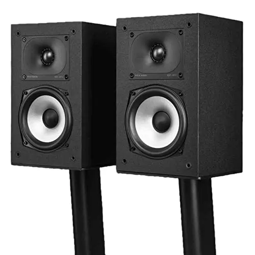 Polk Monitor XT15 bookshelf speakers in midnight black with modern rectangular design