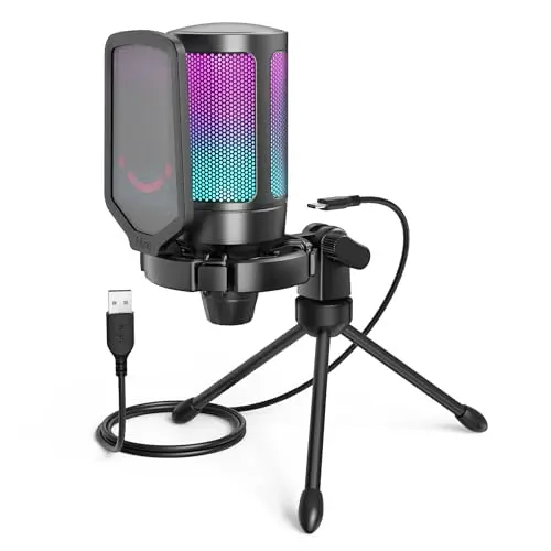 FIFINE AmpliGame A6V USB condenser microphone with RGB lighting and tripod stand