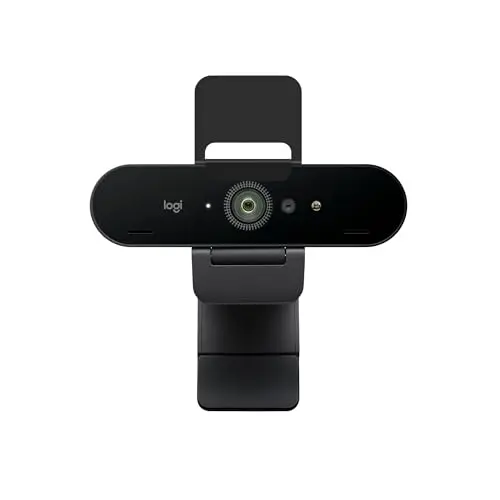 Logitech Brio 4K webcam with privacy shade on a desk