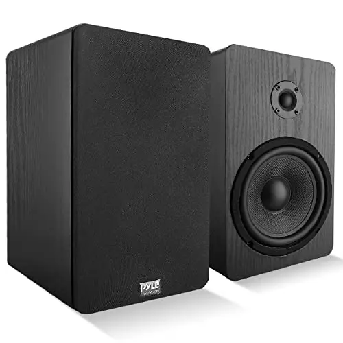 Pyle bookshelf speakers with wooden enclosure