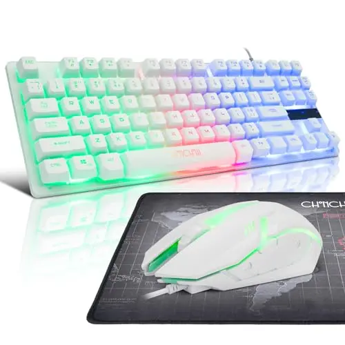 CHONCHOW white TKL gaming keyboard and mouse combo with rainbow LED backlight