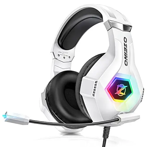Ozeino gaming headset in white with RGB lighting and adjustable headband