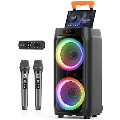 JYX karaoke machine with two wireless microphones and RGB lights