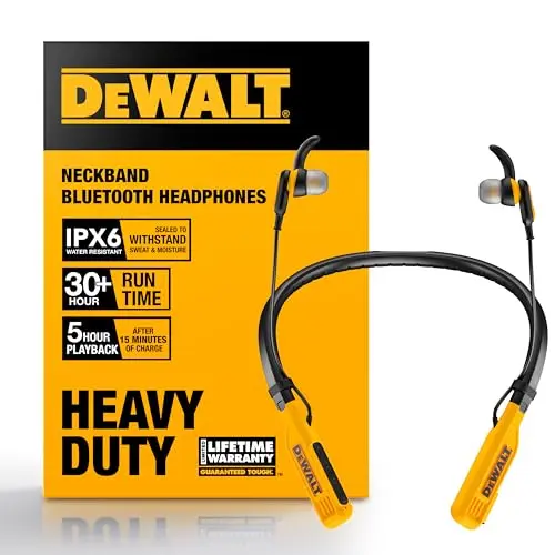 DEWALT yellow neckband Bluetooth headphones for jobsite use