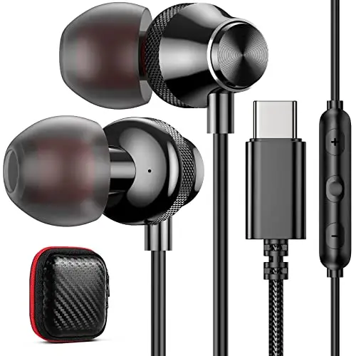 iMangoo USB-C wired earbuds in black with carrying case