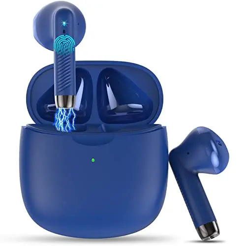 Jxrev wireless earbuds in dark blue with charging case