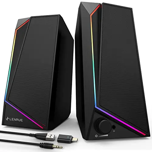LENRUE USB computer speakers with LED lights and headphone jack