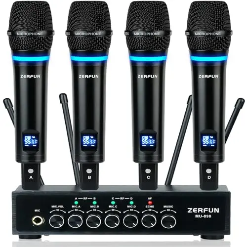 ZERFUN 4-channel wireless microphone system with metal handheld mics