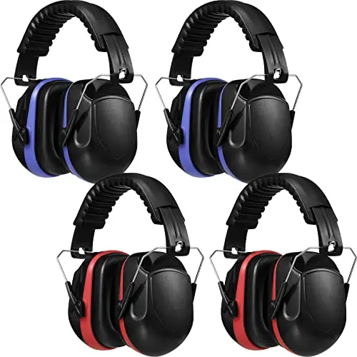 4-pack safety ear muffs in red and blue colors showing foldable design