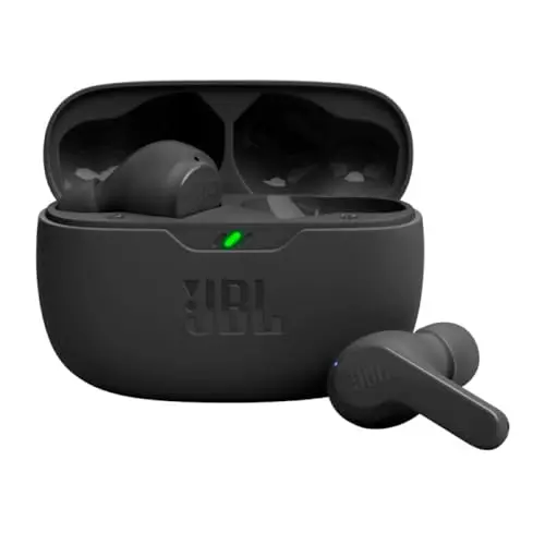 JBL Vibe Beam true wireless earbuds with charging case and ergonomic design