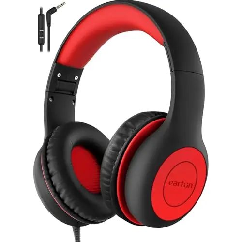 EarFun K1 kids headphones with volume limiter and foldable design in black and red