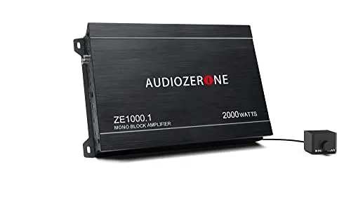 AudioZerone ZE1000.1 car subwoofer amplifier showing compact black design