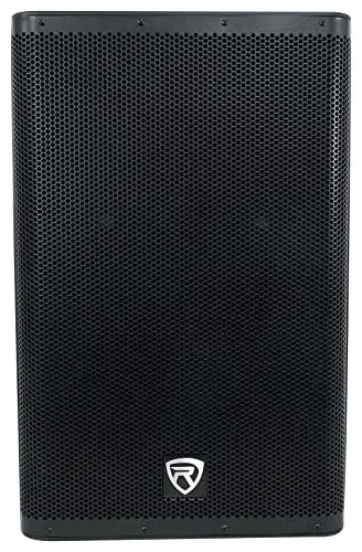 Rockville DX15 15-inch powered PA speaker with metal grille and dual-angle mount