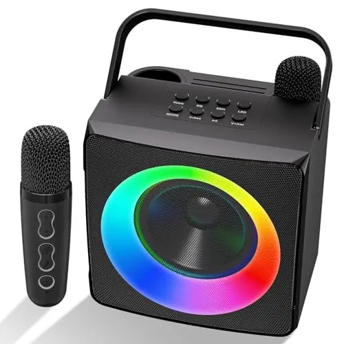 Verkstar compact karaoke machine with colorful LED lights and microphone storage