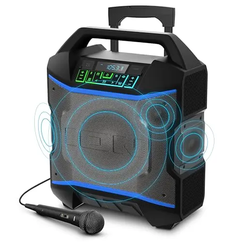 ION Block Rocker portable party speaker with wheels, LED lights, and included microphone