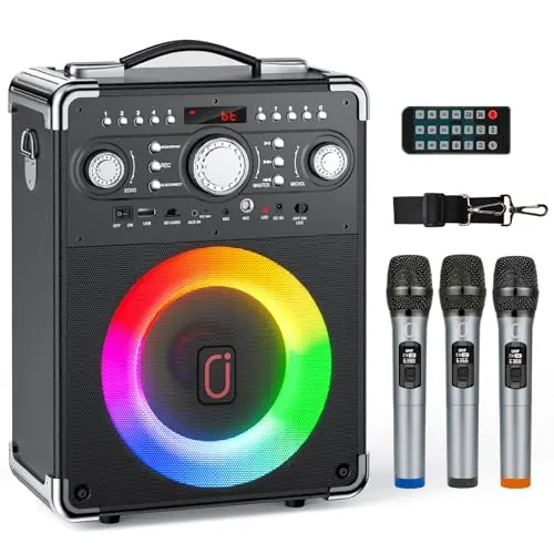 JAUYXIAN karaoke machine with three wireless microphones and disco lights