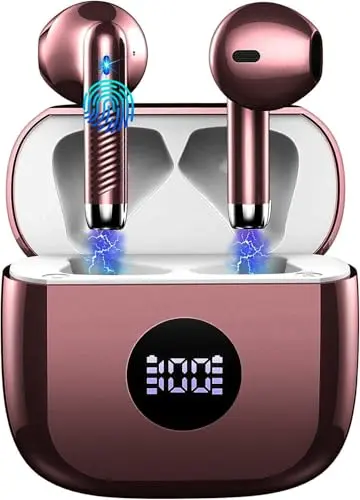 Jxrev wireless earbuds with LED power display in rose gold color