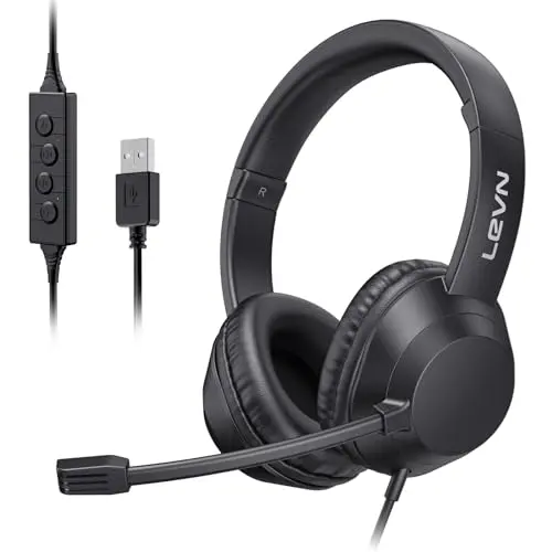 LEVN wired USB headset with noise cancelling microphone for PC