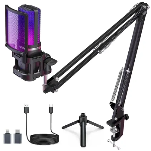 ZealSound Gaming USB Microphone with RGB and boom arm for multi-device use
