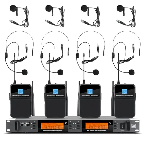 MIZISNR 4 channel wireless microphone system with headset and lavalier mics for church use