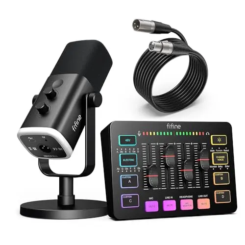 FIFINE gaming microphone bundle with mixer and RGB lighting