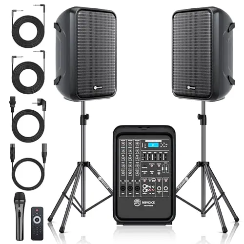 NBVOICE professional portable PA system with 8-channel mixer and speaker stands