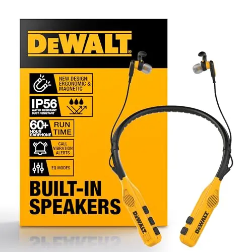 DEWALT 2-in-1 neckband headphones with speakers in yellow and black