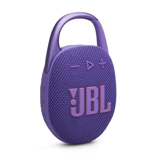 JBL Clip 5 portable Bluetooth speaker in purple with carabiner