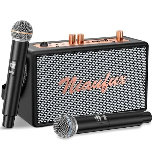 Niaufux retro-style karaoke machine with wireless microphones and vintage design