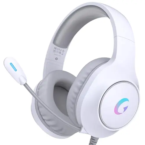 Syndesmos gaming headset in light white with RGB lighting and adjustable microphone