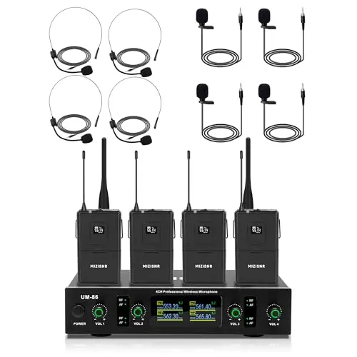 MIZISNR wireless lavalier microphone system with 4 channels for church use